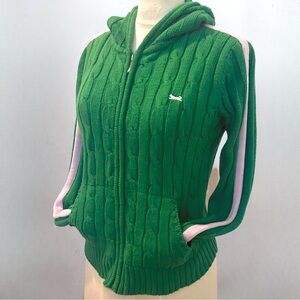 2001 Cable Knit Zip-up Hoodie Green Pink Stripe Sleeves